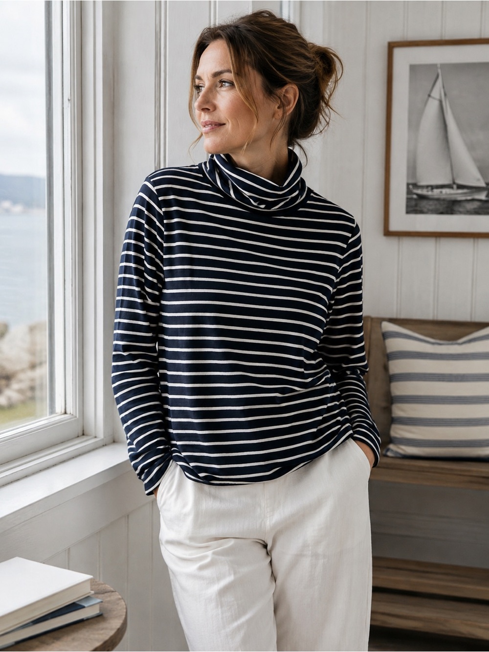 Faherty Black & White Striped Cotton Turtleneck Size Large